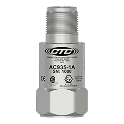 A stainless steel AC935 standard size class 1, division 2 / zone 2 top exit sensor engraved with the CTC line logo, product number, serial number, and hazardous area certification markings.